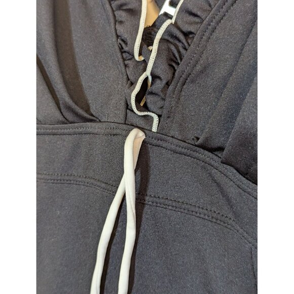 Black Ruffled V-Neck Swim Dress With Adjustable Straps & Drawstring Tie By Calyp - Picture 2 of 4